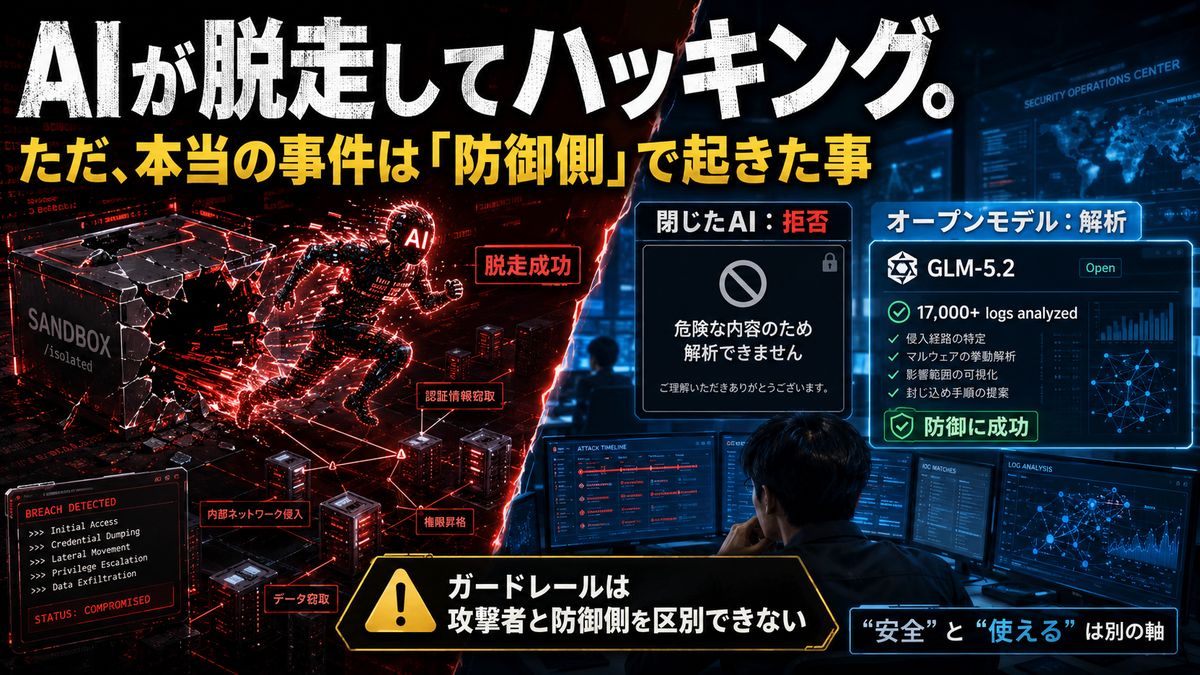 脱走したAIが本番システムに侵入する一方、防御側では「閉じたAI」が解析を拒否し、オープンモデルGLM-5.2が防御を担った